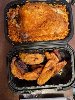 Jollof Rice, Plantain, & baked chicken