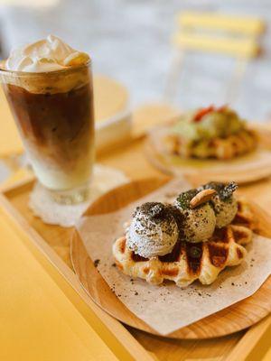 Banana cream latte, matcha and black sesame croffles!