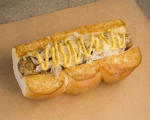 DAS BRAT - bratwurst,  caramelized  onions,  sauerkraut,  spicy brown  mustard