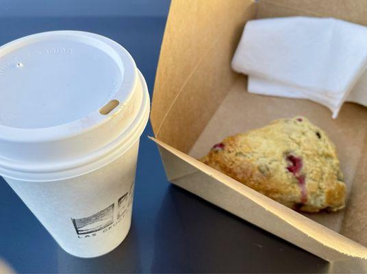 Hot vanilla latte and orange cranberry scone.