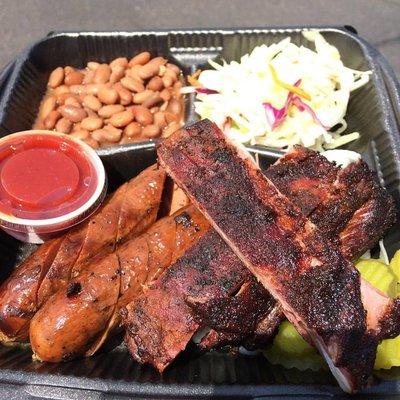 TRU Bar-B-Que - 599 West Littleton blvd. in Littleton
 pork spare ribs and beef ribs. Andouille sausage and homemade bbq sauce.