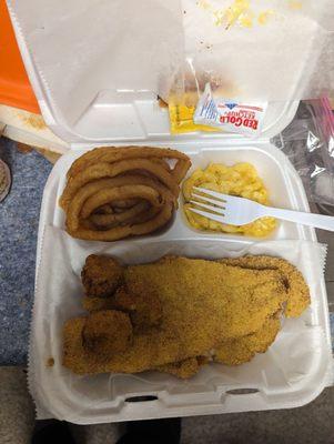 Fried flounder, onion rings, Mac and cheese, hush puppies