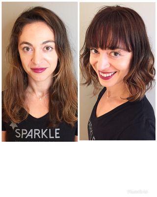 Before and after for the beautiful nina!! Fresh bangs and shorter french girl bob for this beauty !