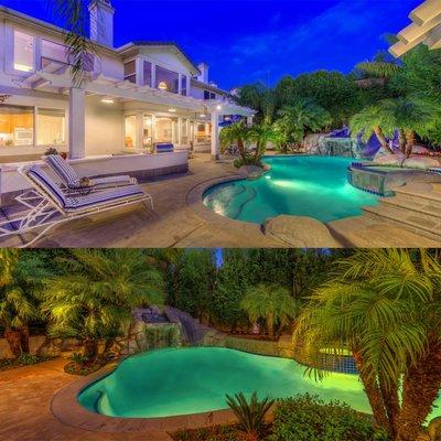 The private backyard oasis features a sparkling pool and spa with a waterfall and waterslide & covered patio area