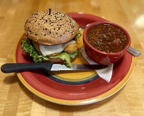 Pineapple Chicken Burger and Vegan Chili. Next time I'll ask them to bring the chili at the same time as the side salad.