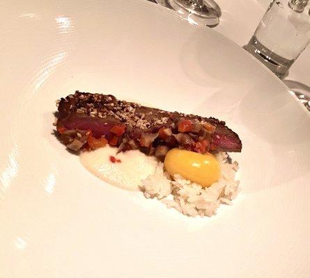 Gyudon beef bowl with egg yolk