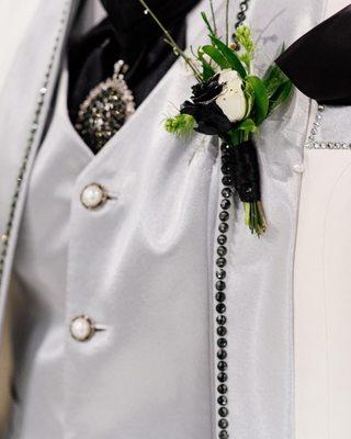 Bespoke Three Piece Tuxedo with Swavroski Crystal appliques for a client's wedding ceremony