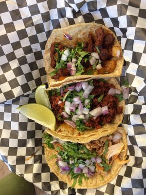 Top to bottom: pastor, chorizo, Tinga (shredded chicken)