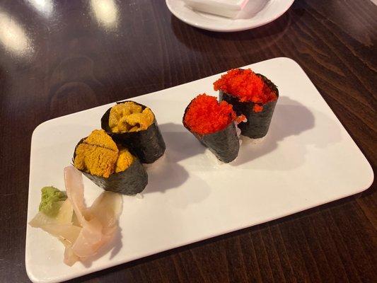 Uni (sea urchin) and flying fish roe sushi