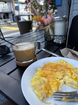 Coffee and Eggs-scrambled with turkey and cheddar!