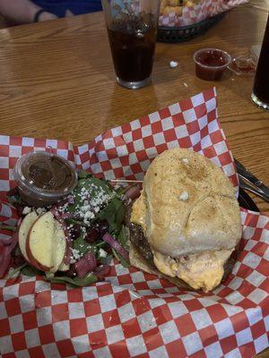 Pimiento cheese burger and spinach salad -- so good!