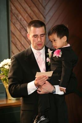 Step-Dad saying his vow to Step-Son at Oaks Pioneer Chapel wedding officiated by Joanie Levine of yourpersonalceremony.com