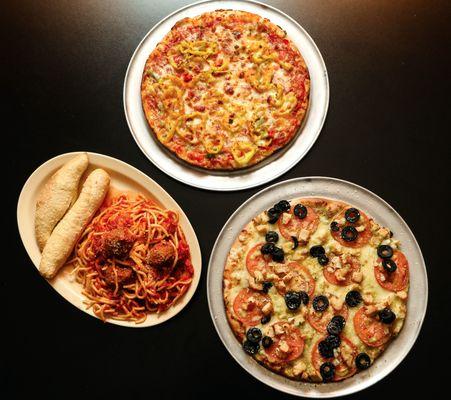 pepper delight pizza,
 Spaghetti & Meatballs and 
 Spinach & Feta pizza