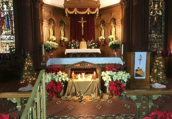 Christmas decorations inside the 120 year old chapel atg The Gardens at St. Elizabeth.