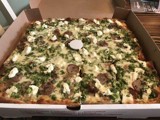 White Sicilian with broccoli and sausage. Amazing.