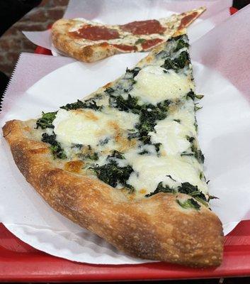 Slices of white spinach pizza and the other is Margarita.