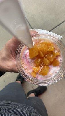 The Jackhammer; Raspberries blended, topped with Peaches.