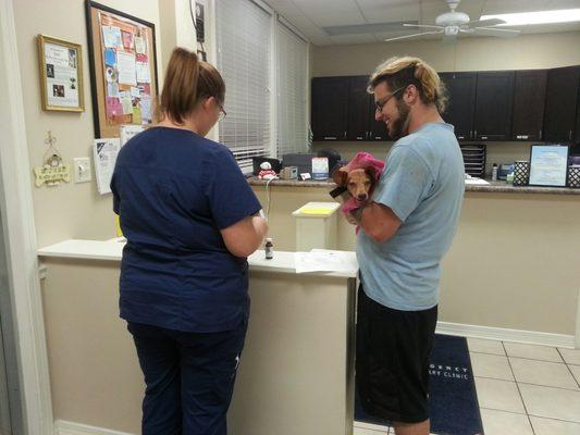 Nurse explaining how to give the puppy her meds. Great job..hailey alex rachell..and elizabeth you guys rock !