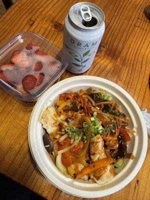 Stir fry bowl, fresh local strawberries, and a unique sparkling drink!