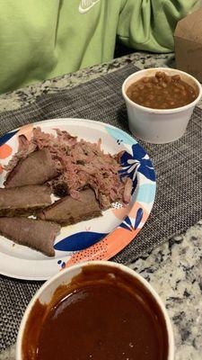 Tender pulled pork, tend brisket, yummy beans and BBQ sauce