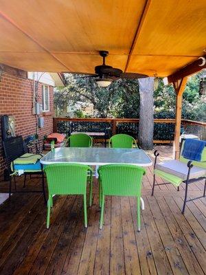 My deck now, with the new roof, a fan, and a light! The perfect place to visit with friends outside or to enjoy a good rain!