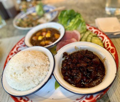 nam prik long rua caramelized pork belly and ground pork with palm sugar, salted egg yolk and crudité, served with jasmine rice