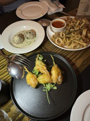 Veal meatballs, fried zucchini flowers and calamari