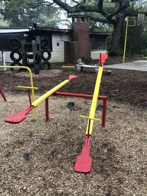 The main playground has teeter totters, swings, tetherball, & a jumping pad. Has your kid ever been on a teeter totter?