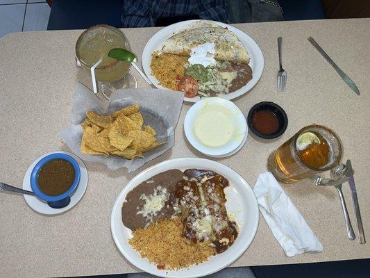 enchilada and quesadilla grande, pacifico on tap and margarita--both with tajin rimmer