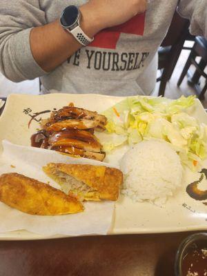 Chicken teriyaki and egg roll lunch special.