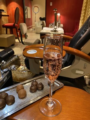 Champagne and chocolate served during spa service