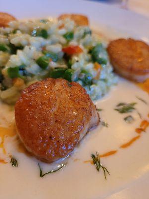 Scallops with veggie risotto.