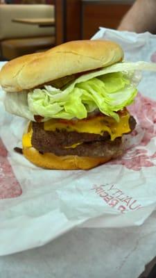 A heart attack on a bun aKa a #3 Triple Quarter Pound Bacon Cheeseburger.