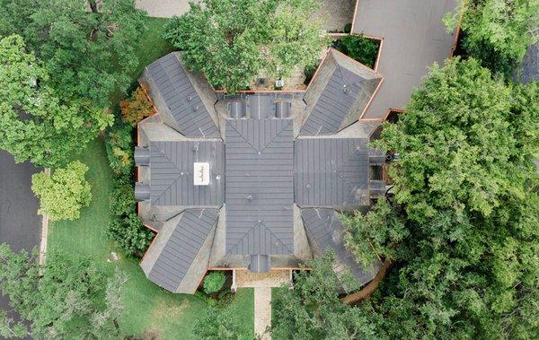 Aerial view of metal custom roof completed in 2018