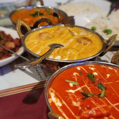 Front to back: Chicken Tikka, Malai Kofta, chicken curry