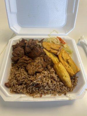 Rice and Peas, Brownstew chicken, cabbage and perfect plantain.