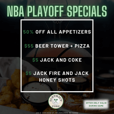 Come watch all of the NBA playoff games with us at District Fore in Milwaukee's 3rd Ward.