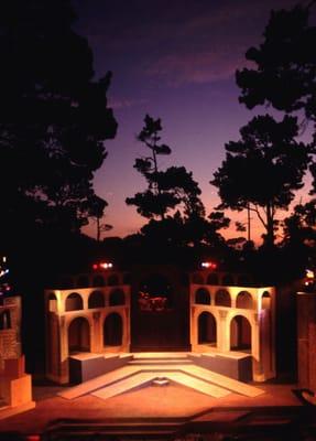 An october sunset over the Forest Theater setting for Julius Caesar, staged for PacRep's Carmel Shake-speare Festival.