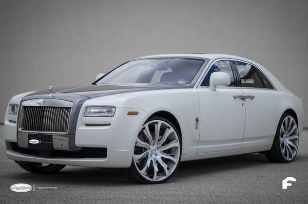 Rolls Royce Ghost with a full body Matte Pearl White Vinyl Wrap and Custom Painted Pearl White Forgiato Inferno Wheels.