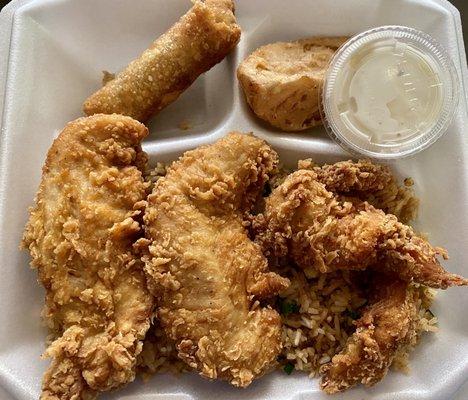 Number 3: Chicken Tenders with Fried Rice, and two sides. I got a Potato Log and Egg Roll.