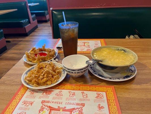 Egg drop soup with crab puffs