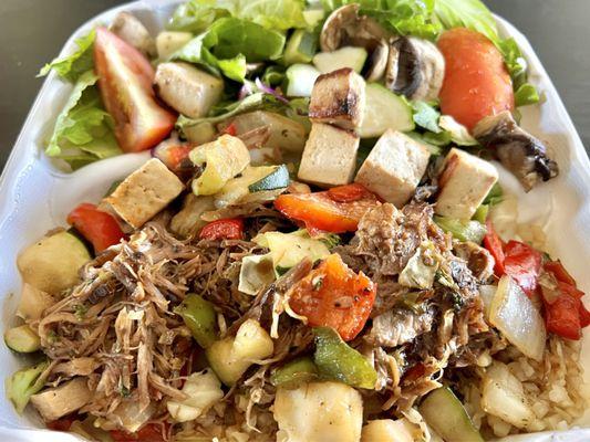 Banzai Bowl with carnitas and tofu. Substituted the beans for salad. Absolutely delicious!