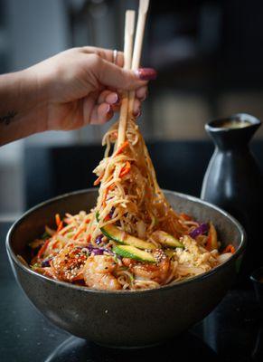 Noodle Bowls - Ramen, Yakisoba, Udon. Choice of shrimp, chicken, tofu, chicken katsu