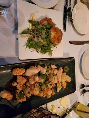 Crab cake appetizer and calamari. Delicious!