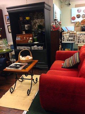 New sitting area with a coffee machine And other treats to enjoy while shopping