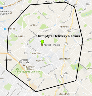 Humpty's Dumplings standard delivery radius. $10 Minimum