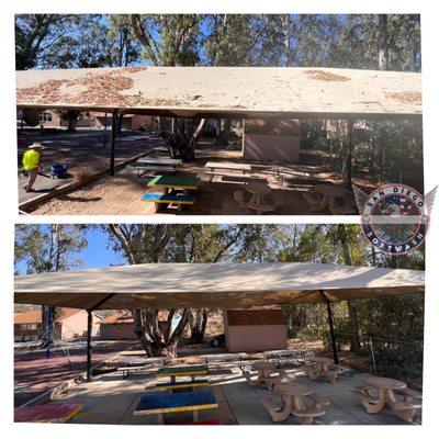 Sanitizing & prepping a school for a new school year! Cleaning their canvas shade awnings & sanitizing their social & playground areas.