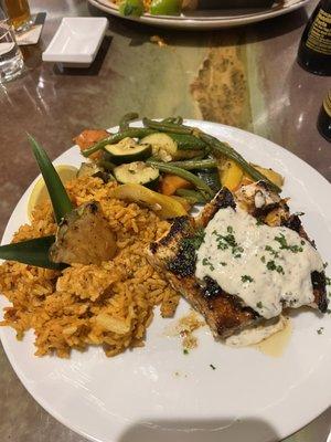 Halibut special with veggies and pineapple rice