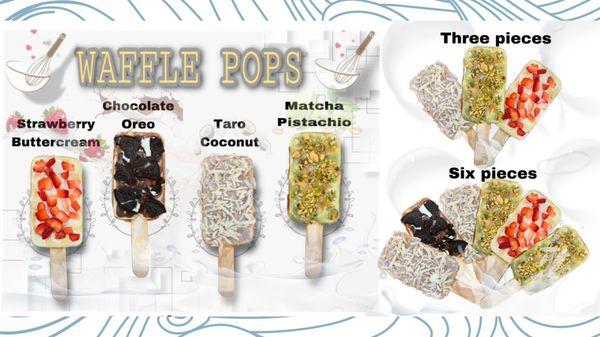 WAFFLE POPS !!! Those are new good stuffs are in sweet boba right now ! They serve as single , three, and six waffles within the box .