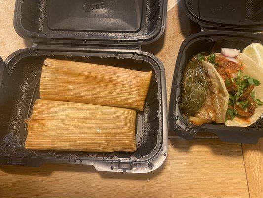 Tamales and al pastor street taco